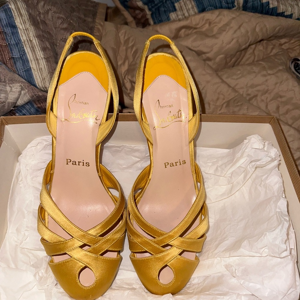 SOLD - Christian Louboutin 38.5 Vintage Yellow Silk Heels w/original box